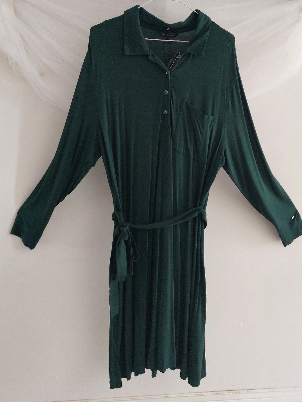 Tommy Hilfiger Hunter Green Long Sleeve Shirt Dress Belted Viscose Size 2X
